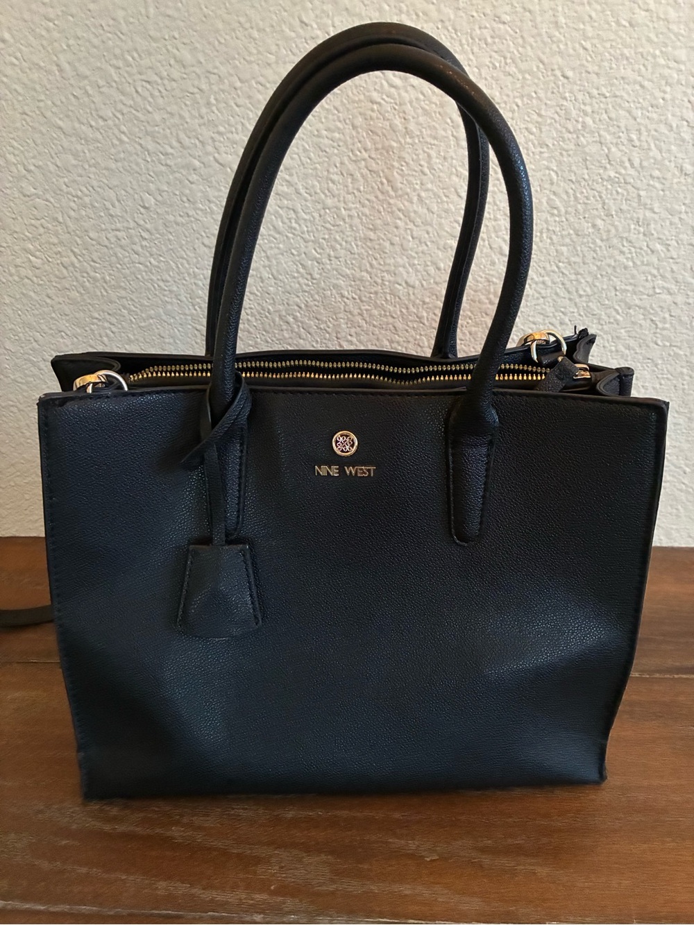 Nine West Black Structured Satchel with Gold Accents